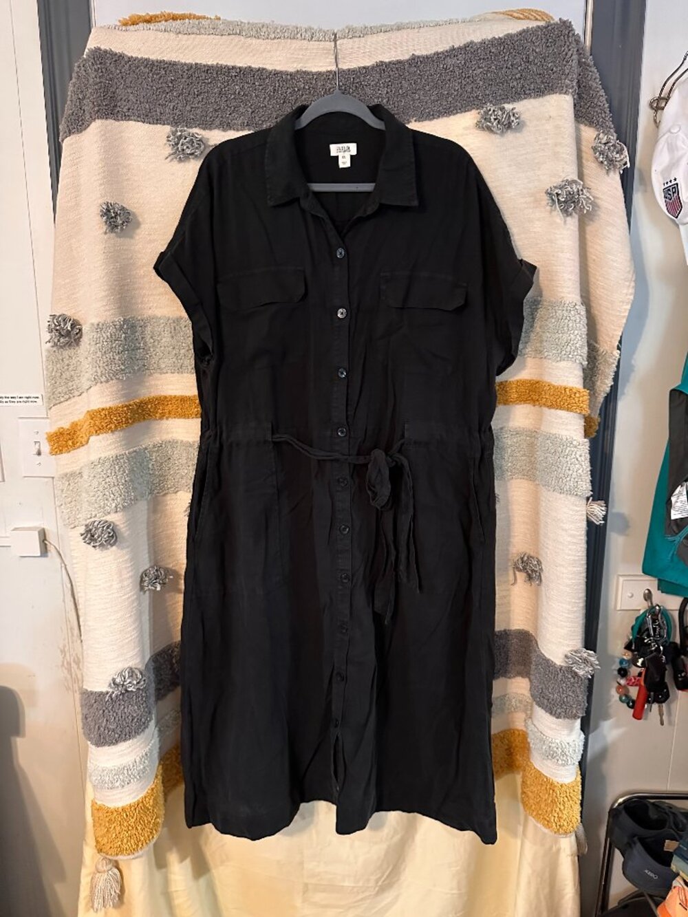 a.n.a A New Approach Black Short Sleeve Button Down Utility Midi Dress - XXL